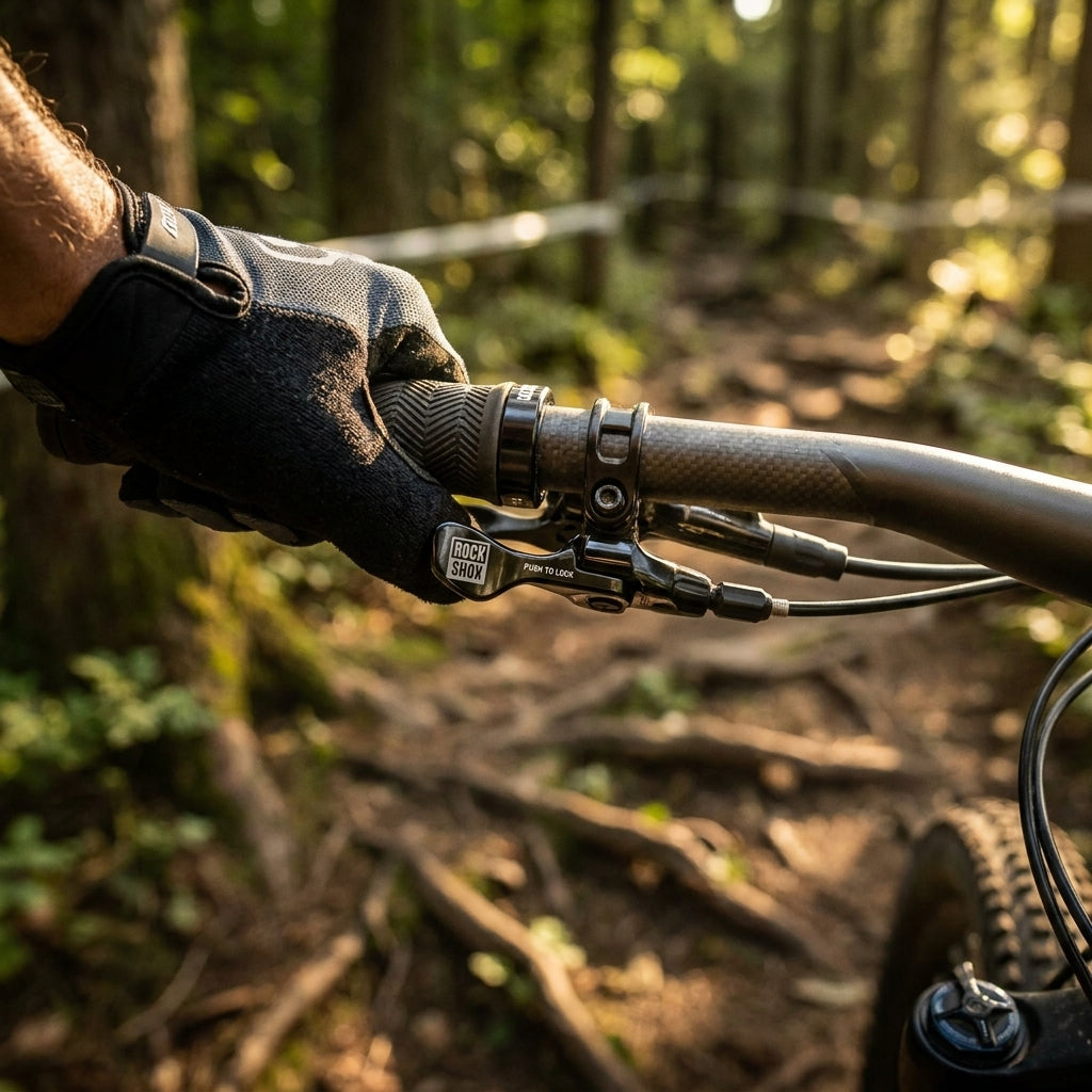 RockShox OneLoc Remote Upgrade Kit Hebel am Mountainbike-Lenker, Hand mit Handschuh, auf Waldweg.