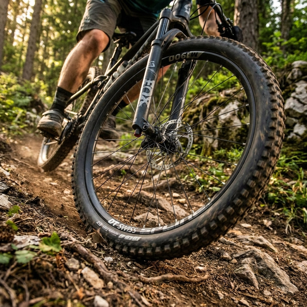 Robustes DT Swiss M 1900 SPLINE 27,5" All-Mountain-Laufrad am Bike auf felsigem Trail.