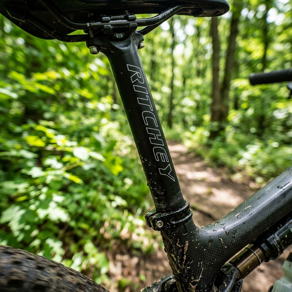Schwarze Ritchey Comp Trail 2-bolt Sattelstütze am schlammigen Mountainbike im Wald.