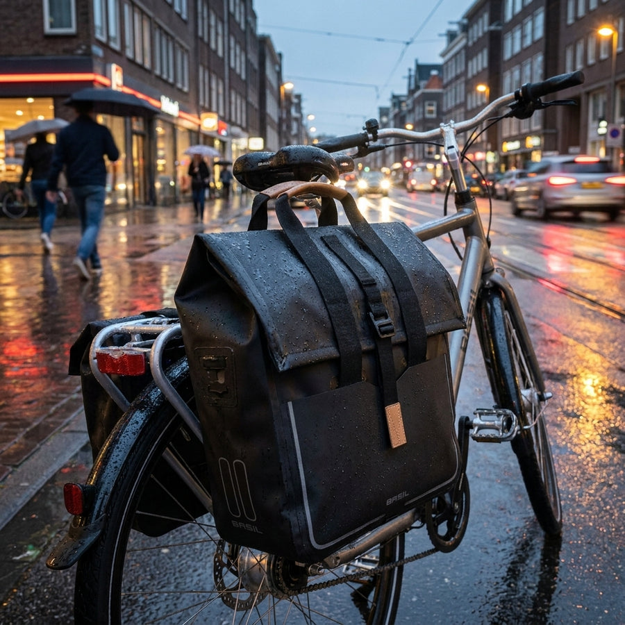 Basil Shoppertasche Urban Dry wasserdicht matt schwarz am Fahrrad bei Regen auf nasser Stadtstraße.