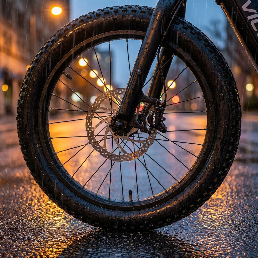 Voxom Scheibenbremsbeläge für Tektro Dorado E-Bike an nassem Fahrradrad im Regen.