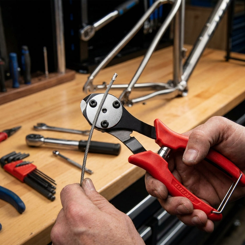 SRAM Präzisions-Kabelschneider mit Crimpfunktion schneidet Bowdenzug für Fahrradmontage.