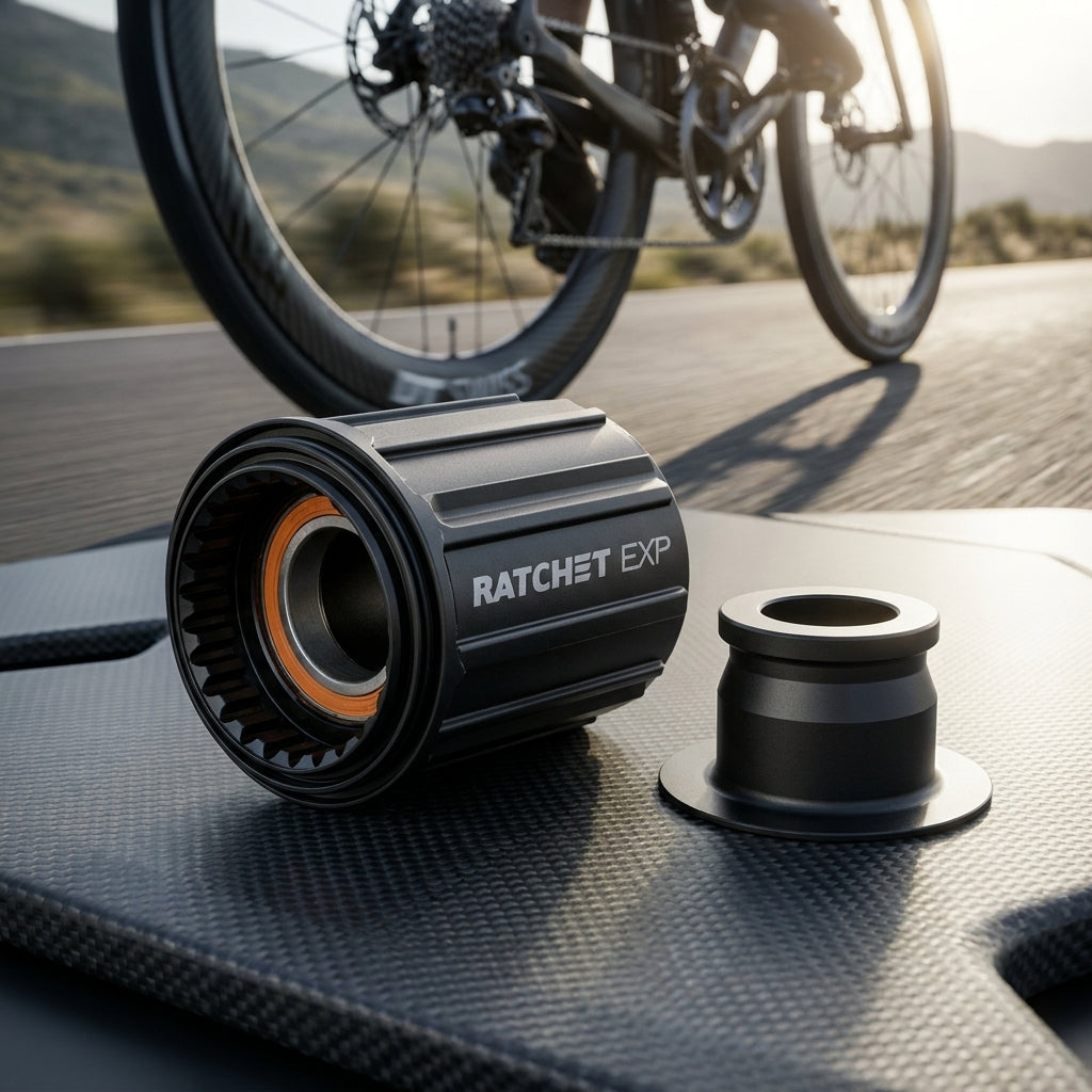 DT Swiss Ratchet EXP Freilauf Umrüstkit Shimano schwarz mit Adapter auf Carbon, Fahrrad im Hintergrund.