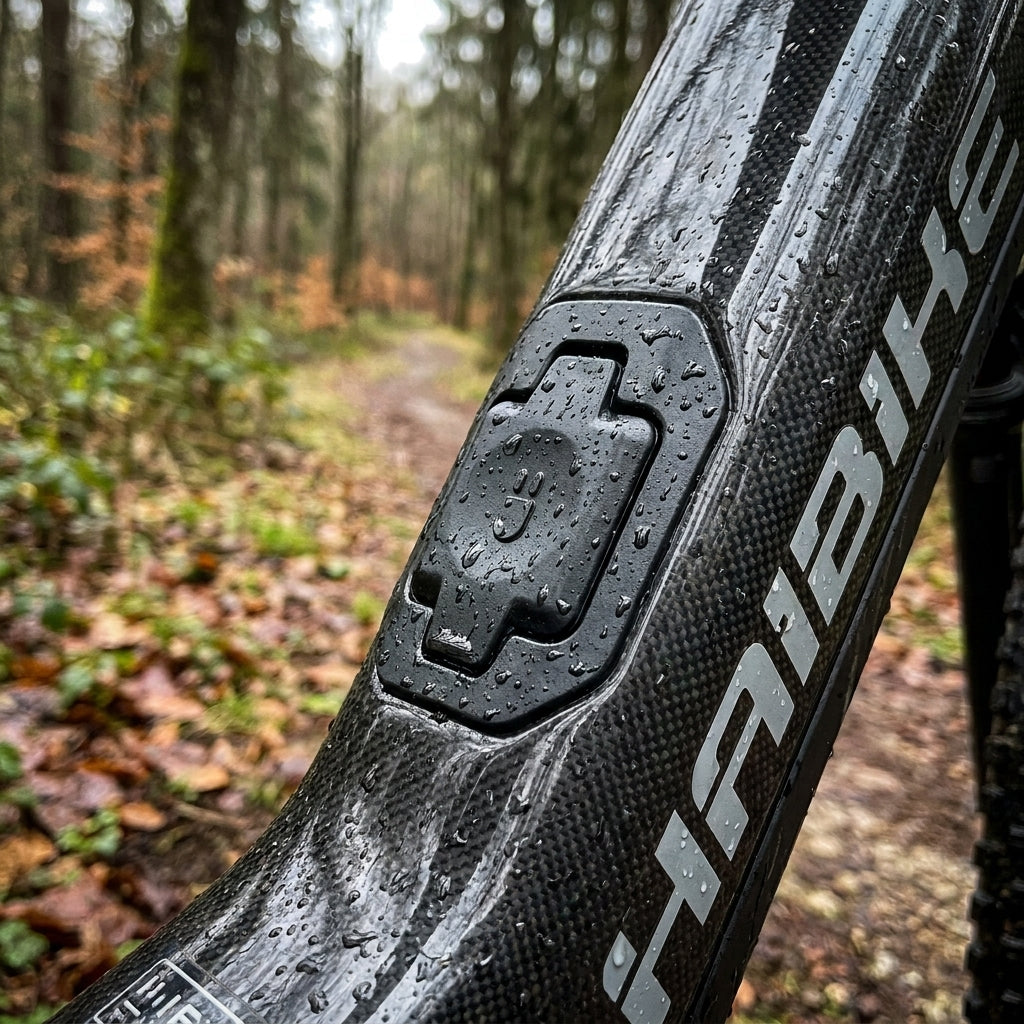 Haibike Ladeanschluss Gummiabdeckung auf nass glänzendem E-Bike Carbonrahmen im Wald.