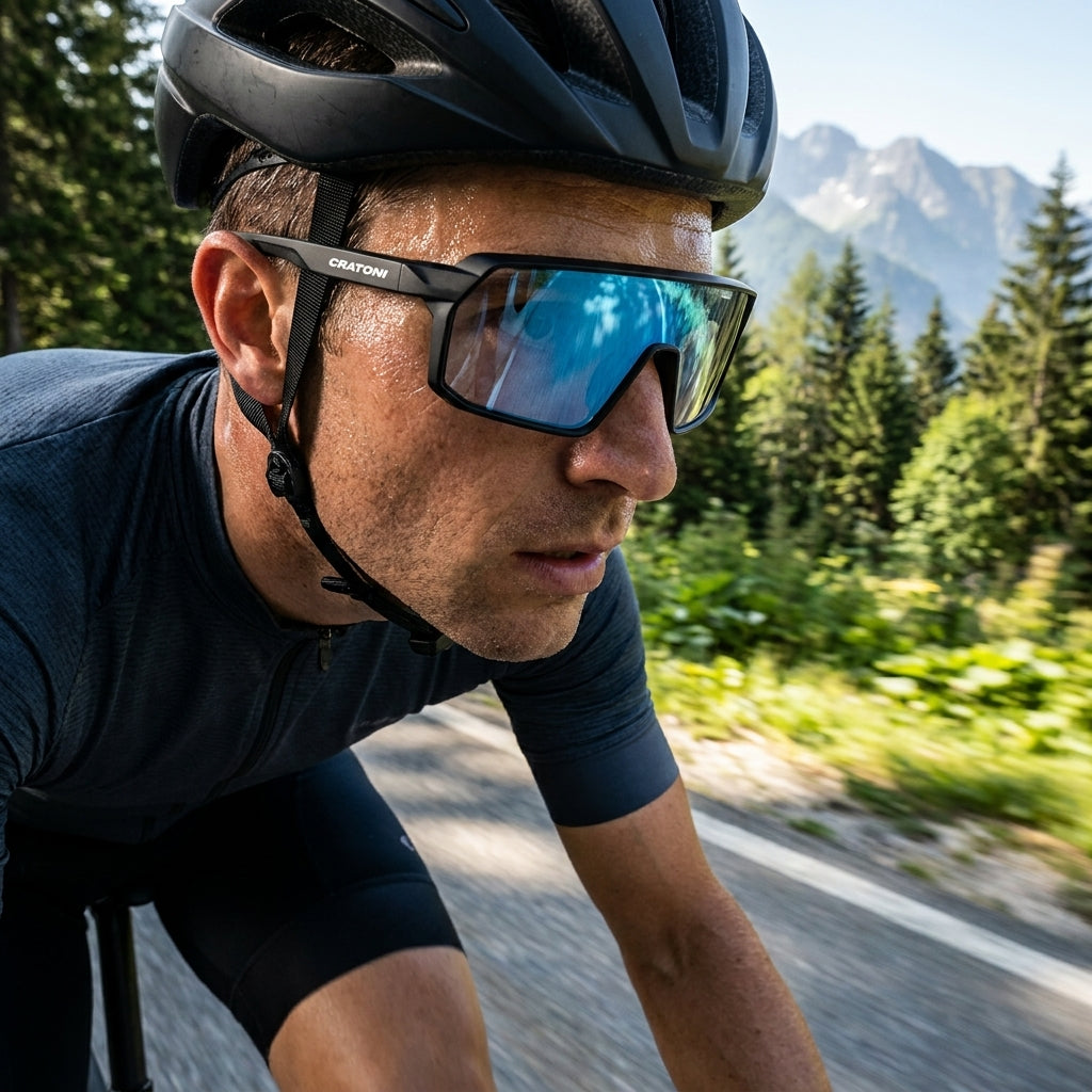 Cratoni Skyvision photochrome Sonnenbrille, schwarz matt, blau verspiegelt, am Radfahrer.