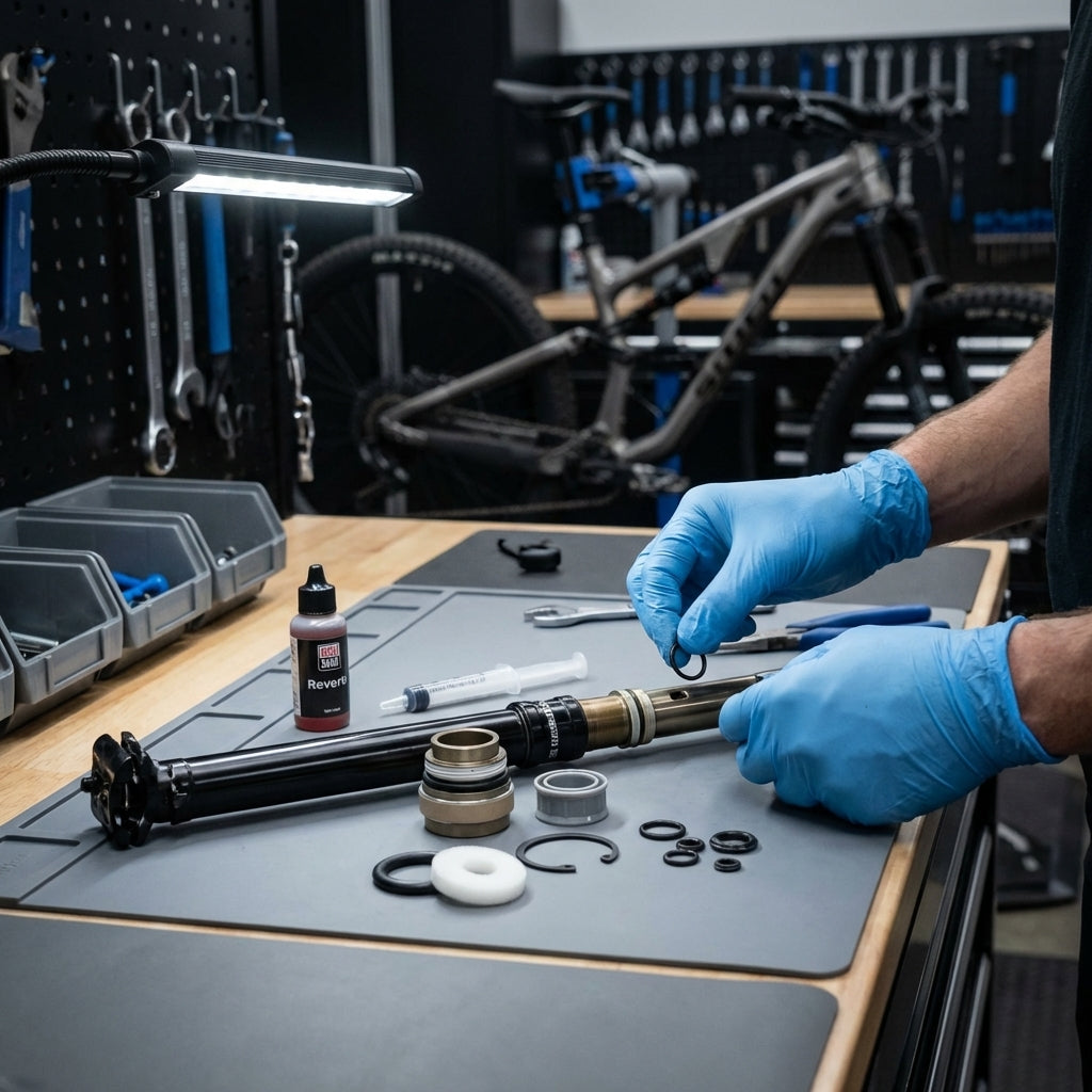 Fahrradmechaniker wartet RockShox Reverb A2 V2 Dropper Post mit Service Kit auf Werkbank.