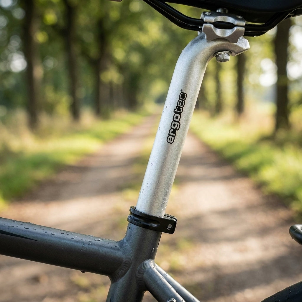 Ergotec Hook Patentsattelstütze silber aus Alu am Fahrrad mit Wassertropfen auf Waldweg.