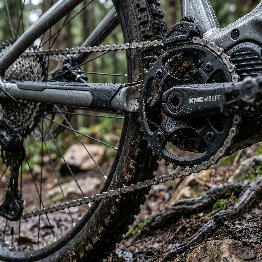 KMC e12 EPT 12-fach E-Bike Kette, Dark Silver. Langlebig, korrosionsgeschützt für E-Bikes mit Mittelmotor und 12-fach Schaltung.
