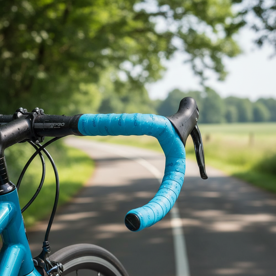 Prologo PLAINTOUCH hellblaues Lenkerband mit Stopfen am Fahrradlenker, mit Wassertropfen.