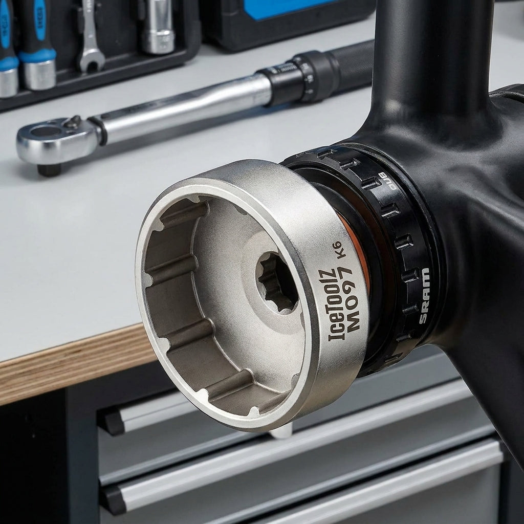 IceToolz M097 Silber Innenlagerwerkzeug 12 Zähne an Sram DUB Tretlager mit Drehmomentschlüssel.