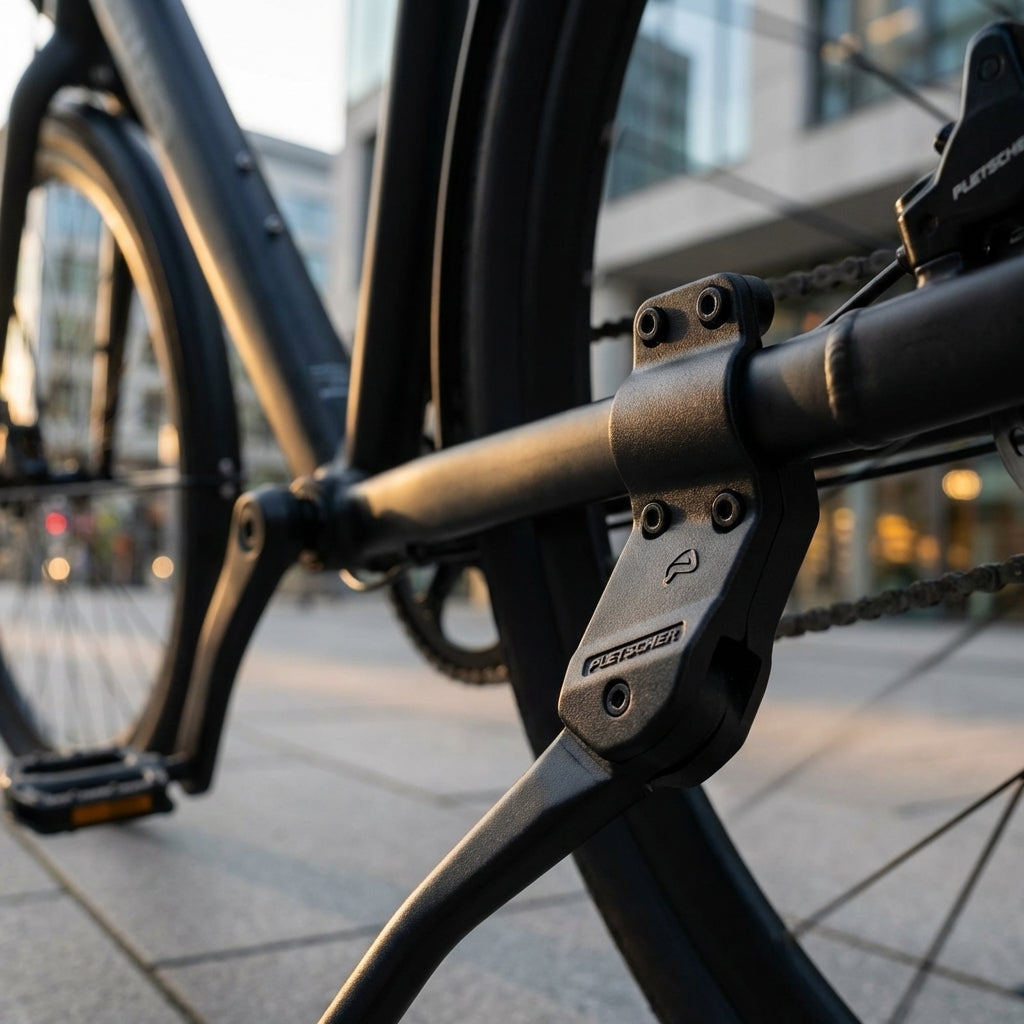 Schwarzer Pletscher Comp 18 Hinterbauständer 28 Zoll mit 18mm Lochabstand am Fahrrad montiert.
