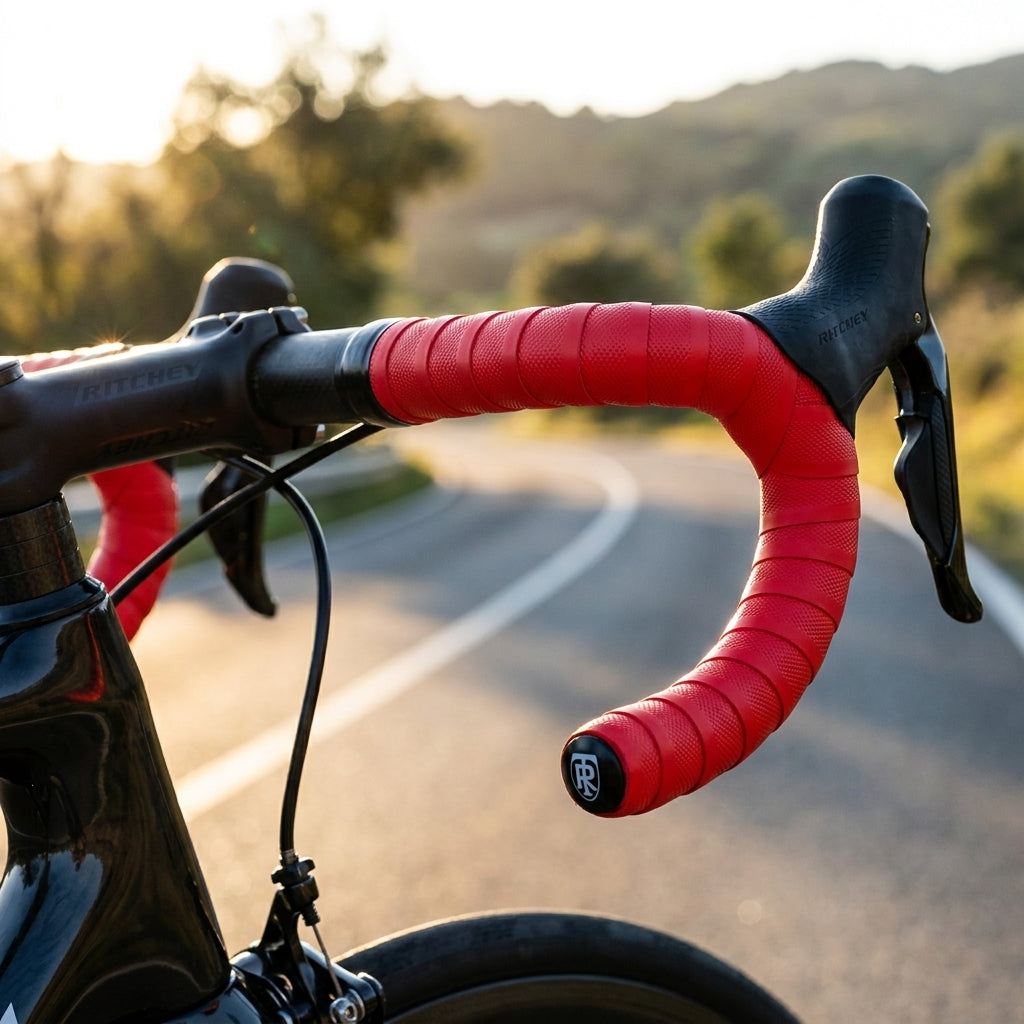 Ritchey Lenkerband EVA rot auf Rennradlenker, R-Logo am Lenkerende. Kurvige Straße bei Sonnenuntergang.