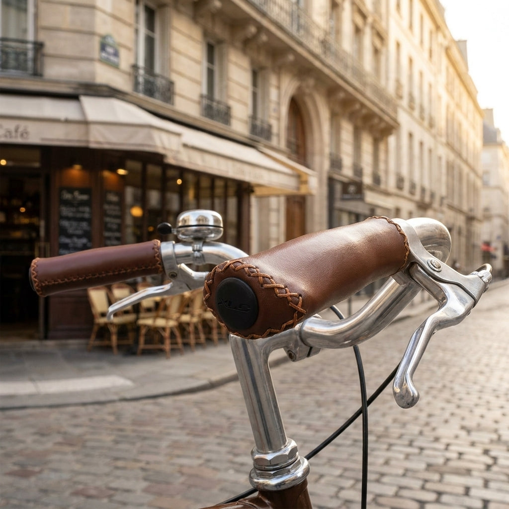 XLC Griffe GR-G11 aus brauner Lederoptik am Fahrradlenker, Straße mit Café im Hintergrund.
