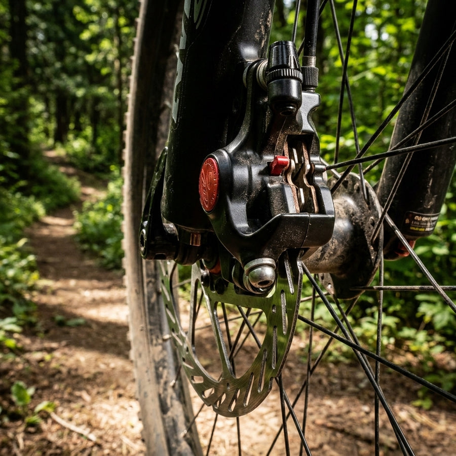 Avid BB5 MTB mechanische Scheibenbremse 160mm am Vorderrad auf einem Waldweg.