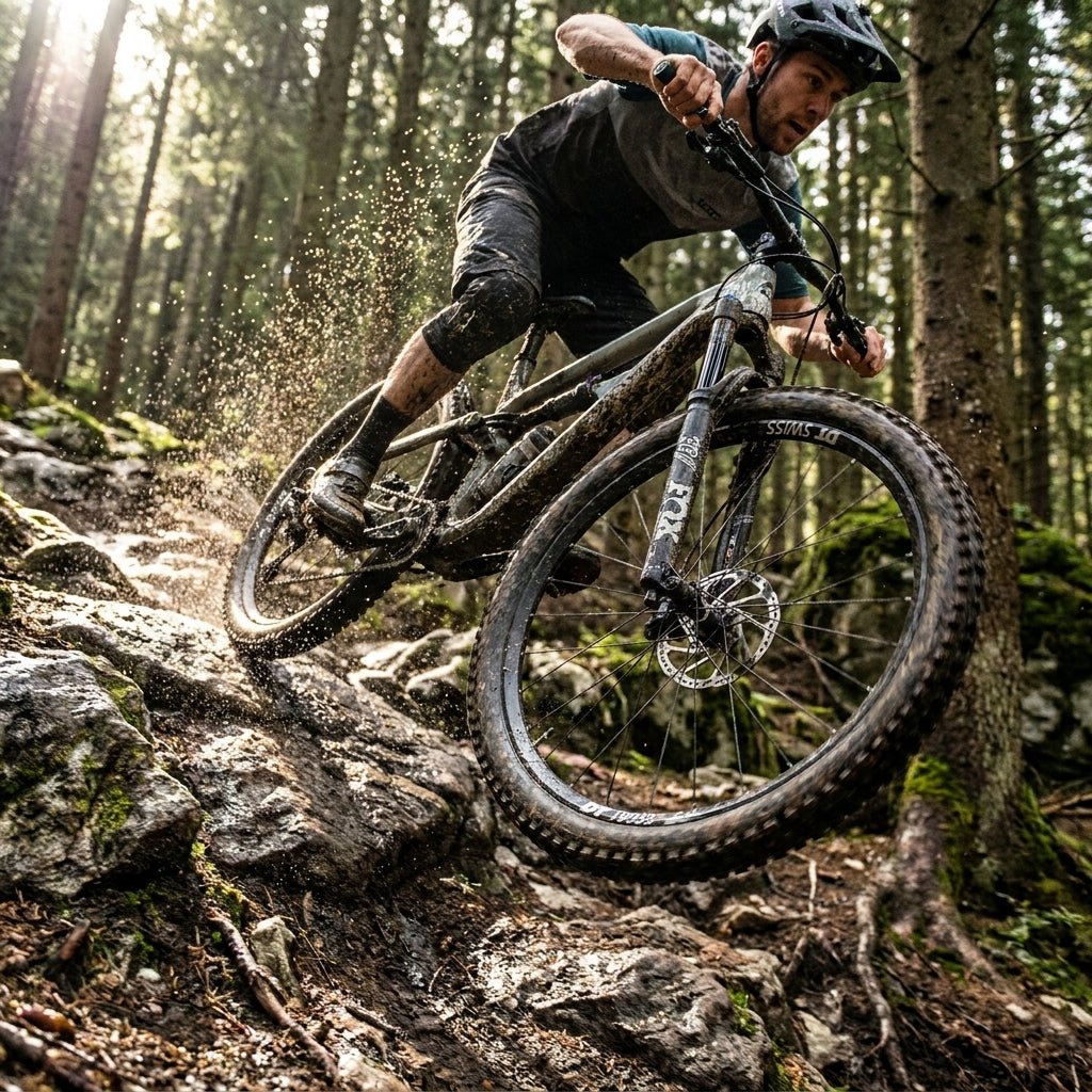 Robustes DT Swiss E 1900 SPLINE Enduro-Hinterrad am Mountainbike in Aktion auf felsigem Waldweg.