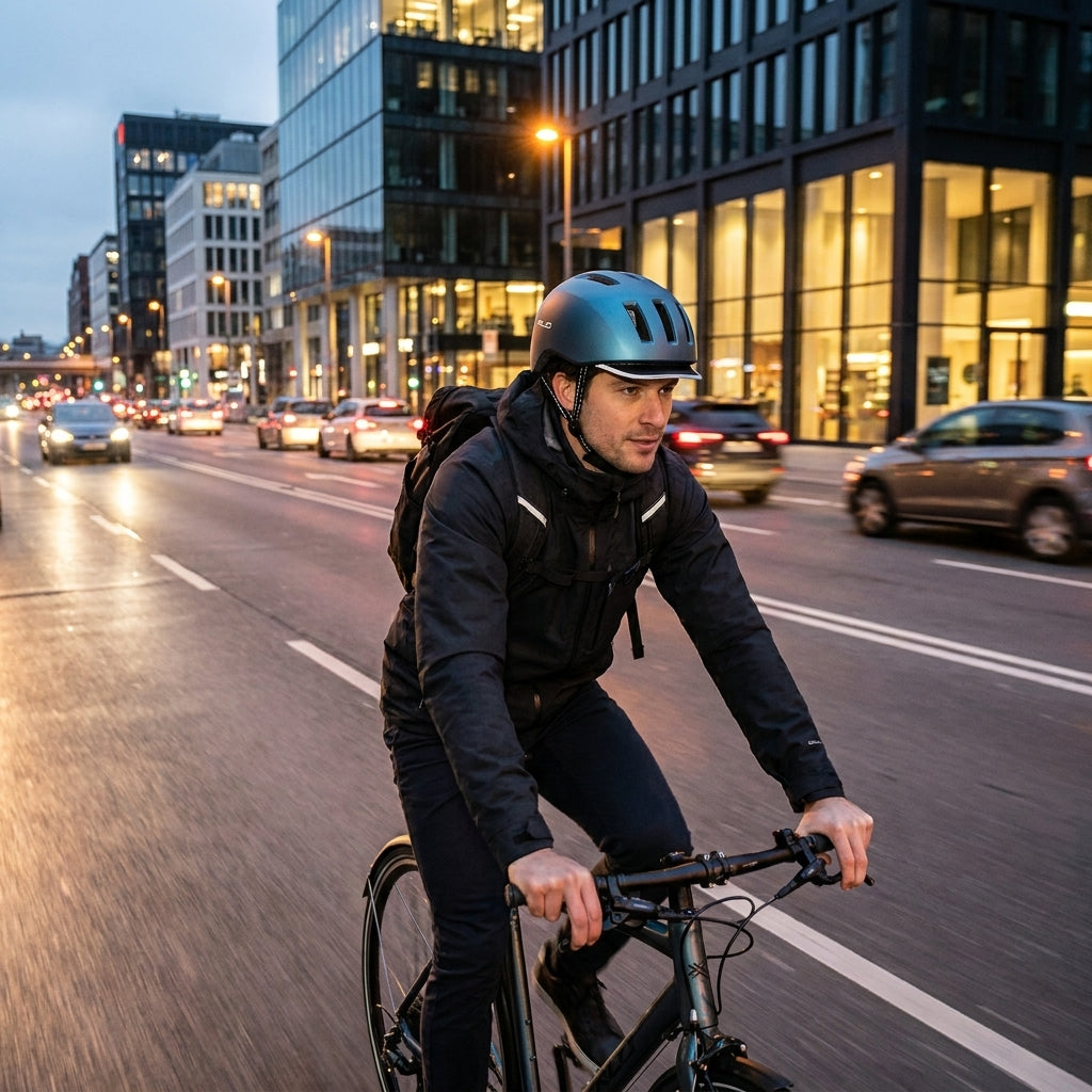 Radfahrer trägt XLC Helm City BH-C24 metallic blau (58-61cm) auf einer Stadtstraße.