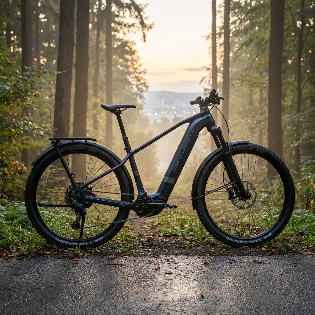 Modernes Centurion Backfire R1000 EQ E-MTB Dark Night auf nassem Waldweg, vielseitig für Alltag & Trail.