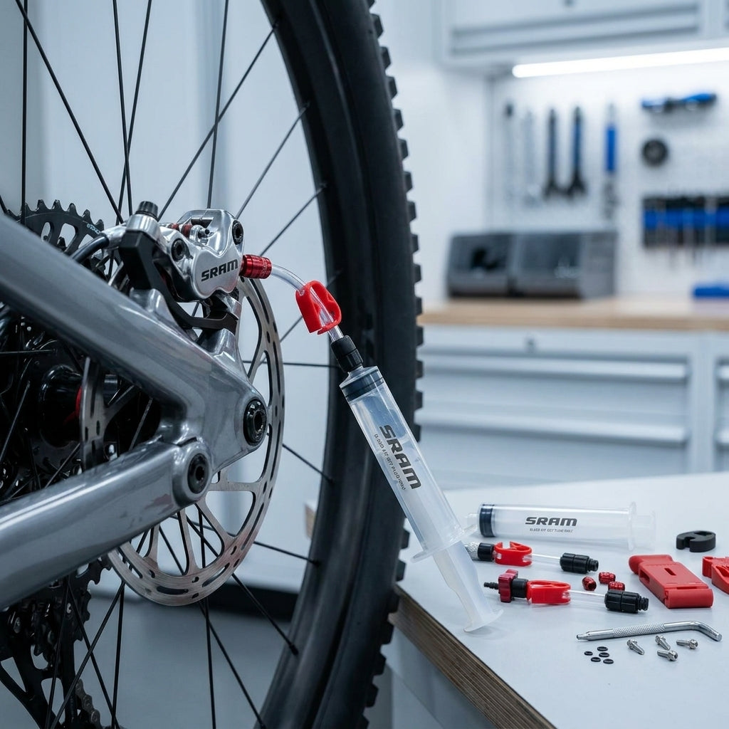 SRAM Scheibenbremsen Entlüftungs-Kit V2 am Fahrrad in Anwendung. Spritze und Zubehör zur Bremsenwartung.