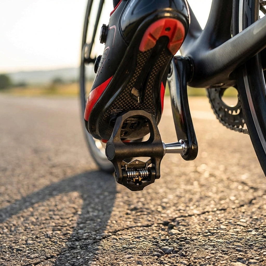 Schwarzes XLC PD-R04 Rennradpedal Look-Keo-kompatibel am Fahrradschuh eines Radfahrers auf Asphalt.