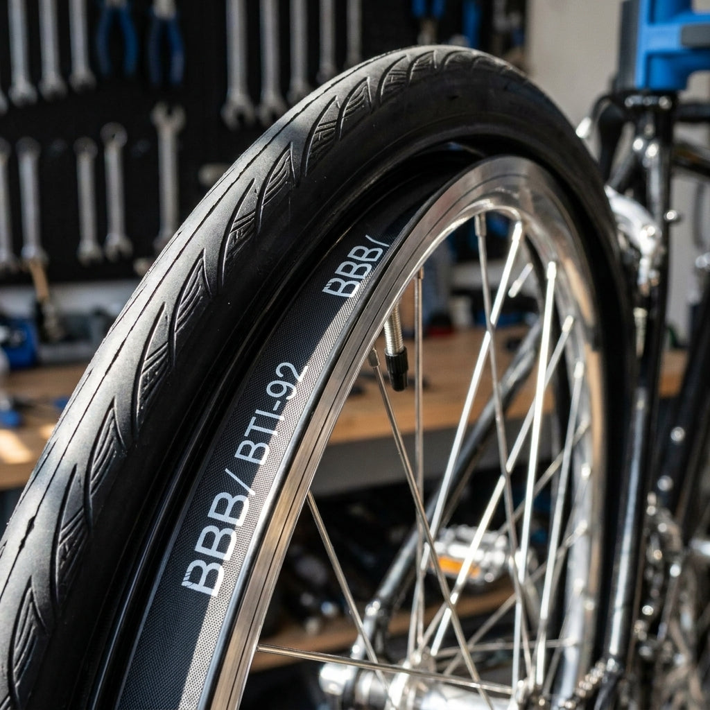 Sicheres schwarzes BBB Hochdruck-Felgenband 25-622 auf Fahrradfelge, Detailansicht.