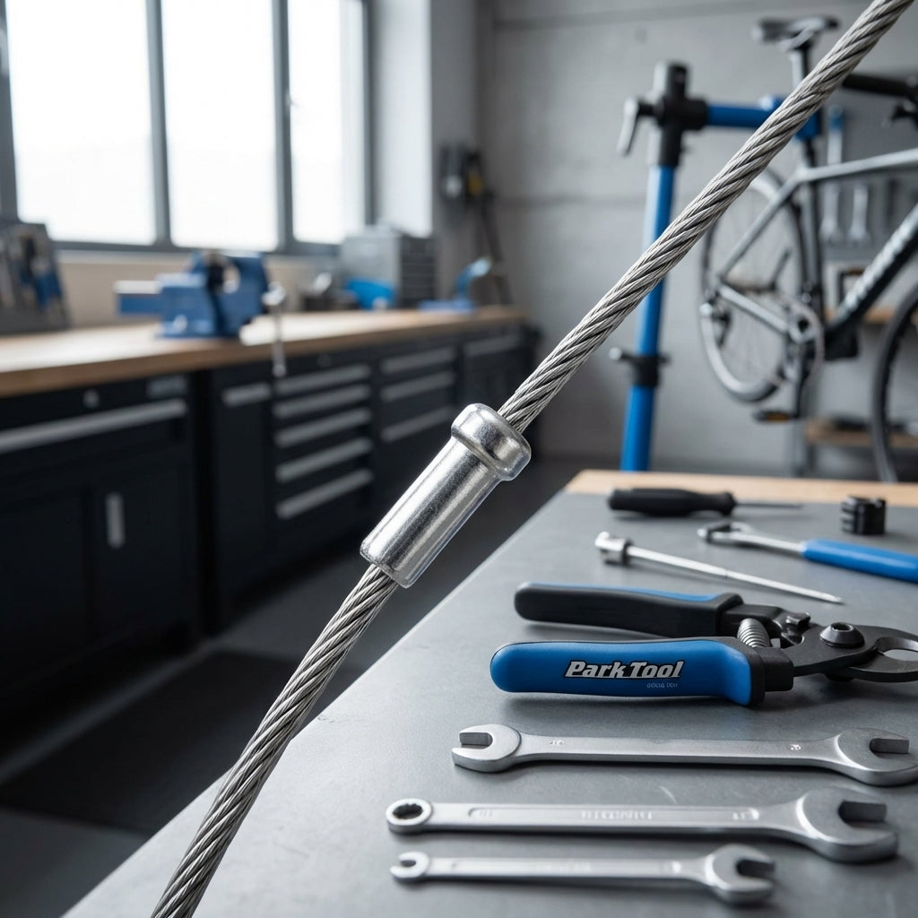Shimano Endkappe für 1,6 mm Bremszug am Bowdenzug in einer Fahrradwerkstatt mit Radsport-Werkzeug.