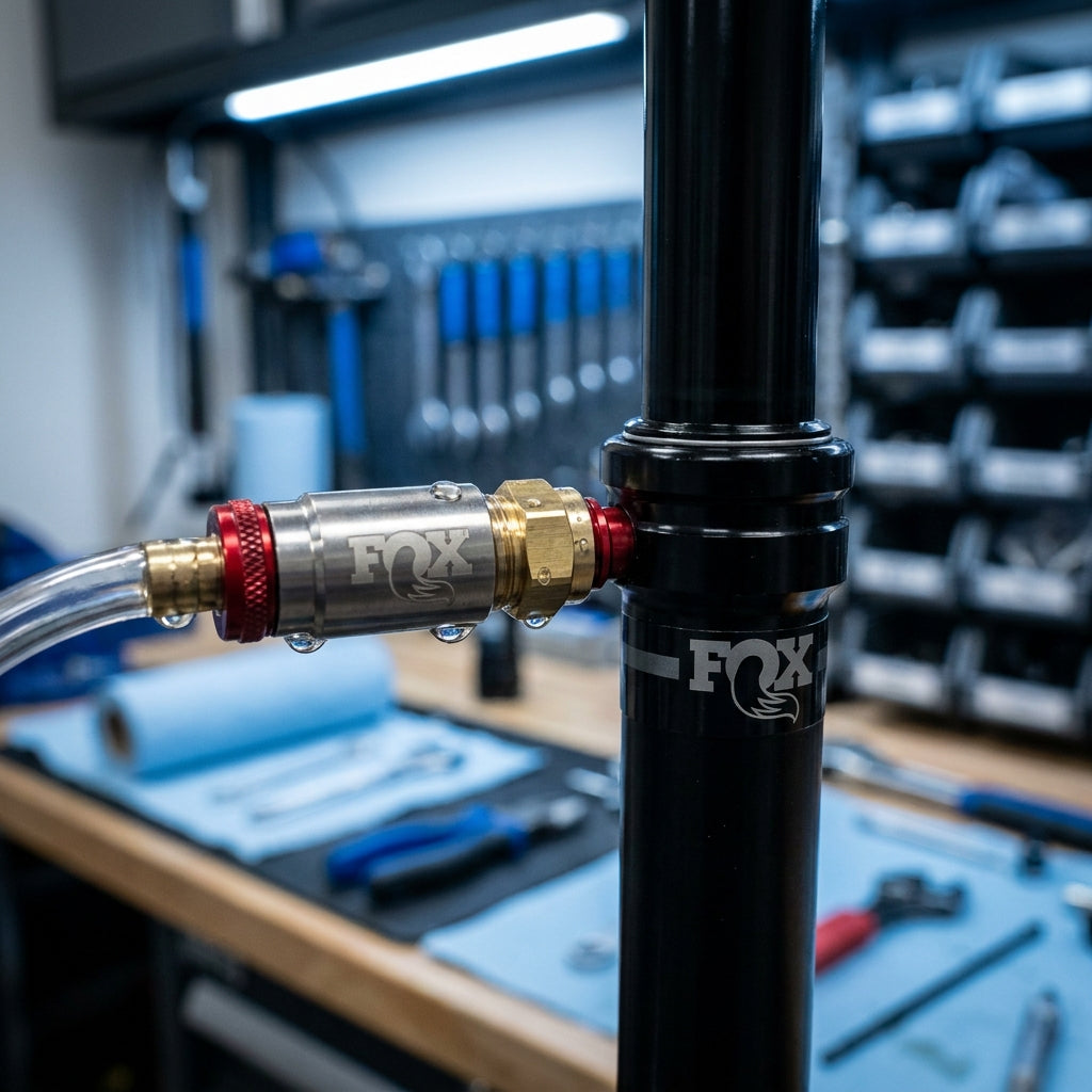 FOX Tooling Transfer Vacuum Bleed Fitting für präzise Entlüftung von FOX Transfer Sattelstützen. Spezialwerkzeug für Fahrradwartung.