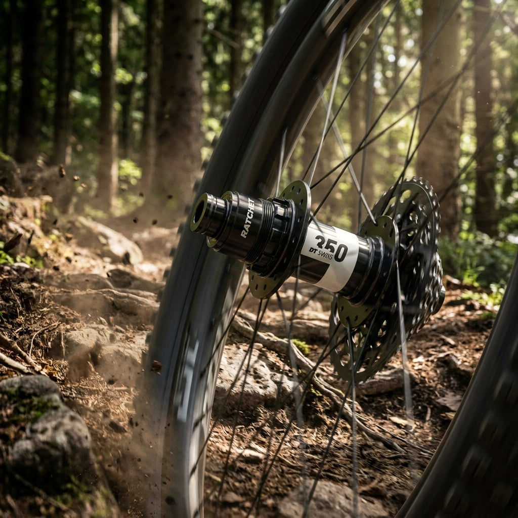 DT Swiss 350 MTB Boost Hinterradnabe schwarz im Einsatz auf Waldweg, Schmutz fliegt hoch.