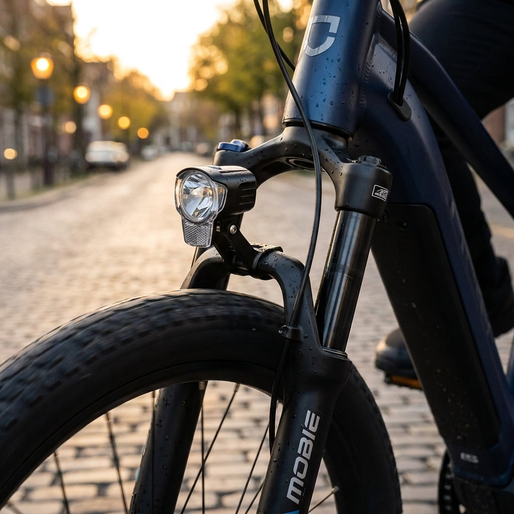 LITEMOVE Frontlicht-Halterung stabil an Suntour MOBIE E-Bike-Gabel montiert auf Kopfsteinpflasterstraße.