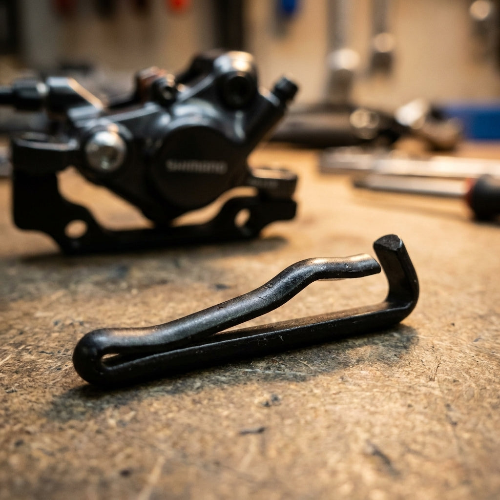 SHIMANO Befestigungsstift Bremssattel BR-RS505 auf Werkbank, unscharfer Bremssattel im Hintergrund.
