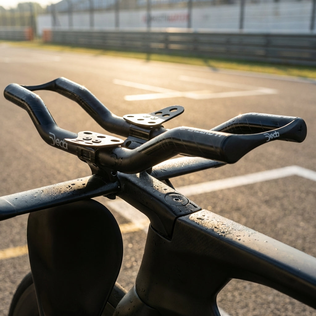 Aerodynamischer Deda Superzero TT Lenkeraufsatz für Triathlon und Zeitfahren, nass auf Rennstrecke bei Sonnenaufgang.