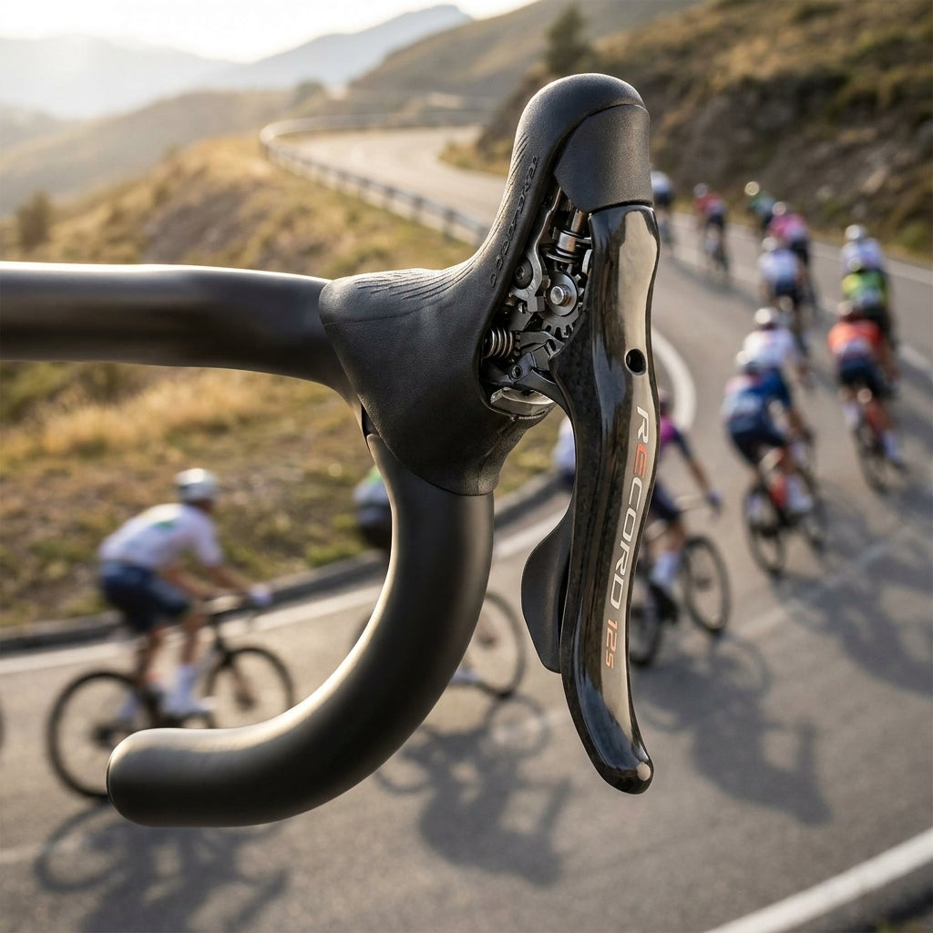 Campagnolo Record 12f rechter Brems-Schalthebel am Rennradlenker, Gruppe auf Bergstraße.