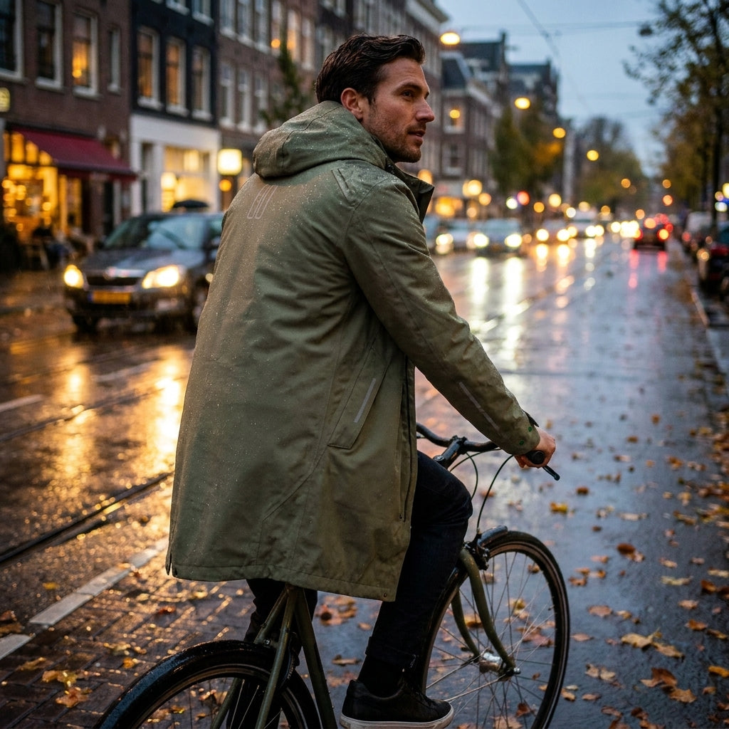 Basil Regenparka Mosse Herren Olivgrün. Wasserdichter Fahrrad-Parka für Pendler. Atmungsaktiv, mit Kapuze und Reflektion.