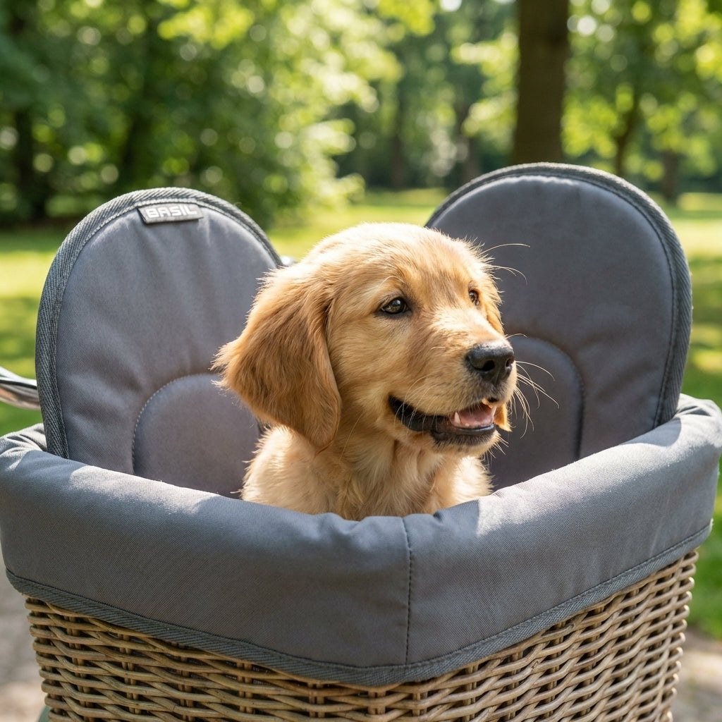 Basil graues Kissen für Fahrrad Tierkorb Pluto mit süßem Golden Retriever Welpen, Größe medium.