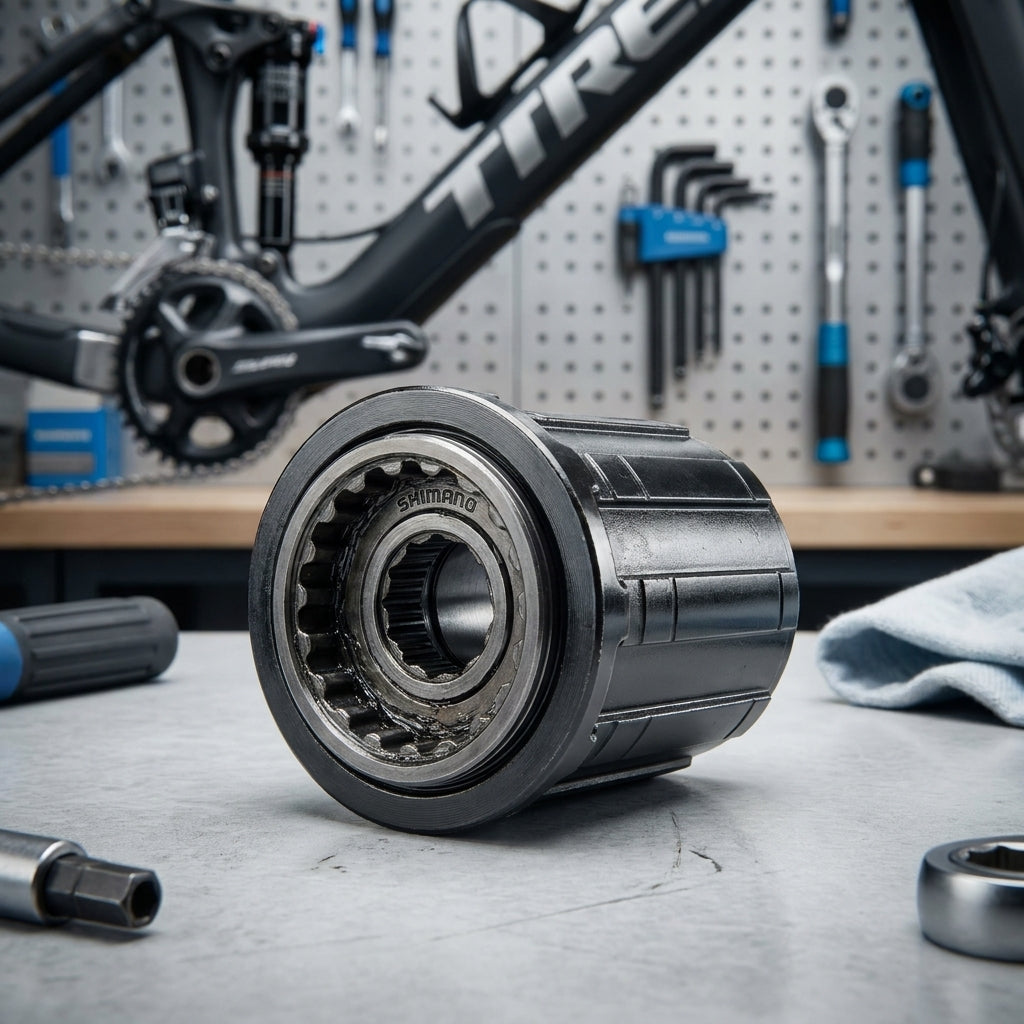 Shimano Freilaufkörper FH-RM35, schwarz, auf Werkbank mit Fahrrad und Werkzeugen im Hintergrund.