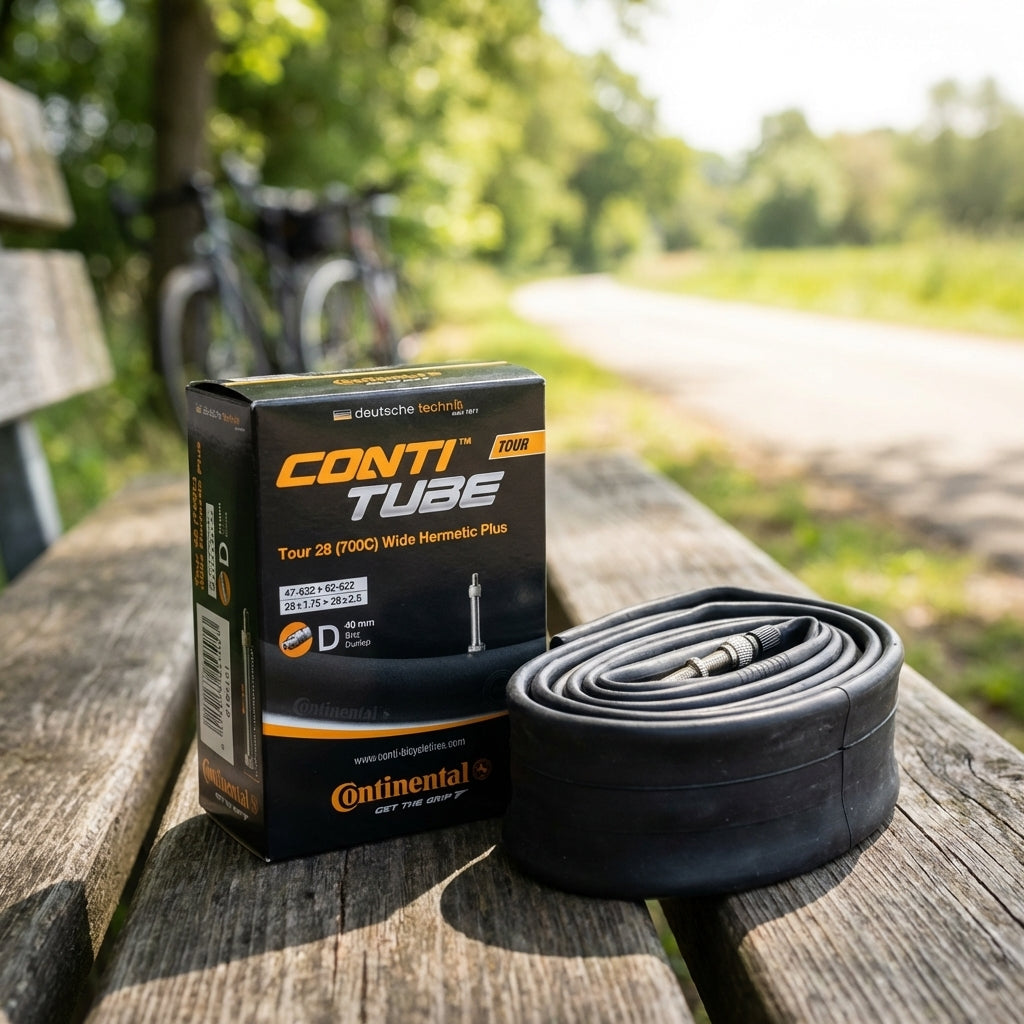 Continental Schlauch Conti Tour 28 Wide Hermetic Plus (47/62-622) DV 40mm, verpackt und unverpackt auf Holzbank.