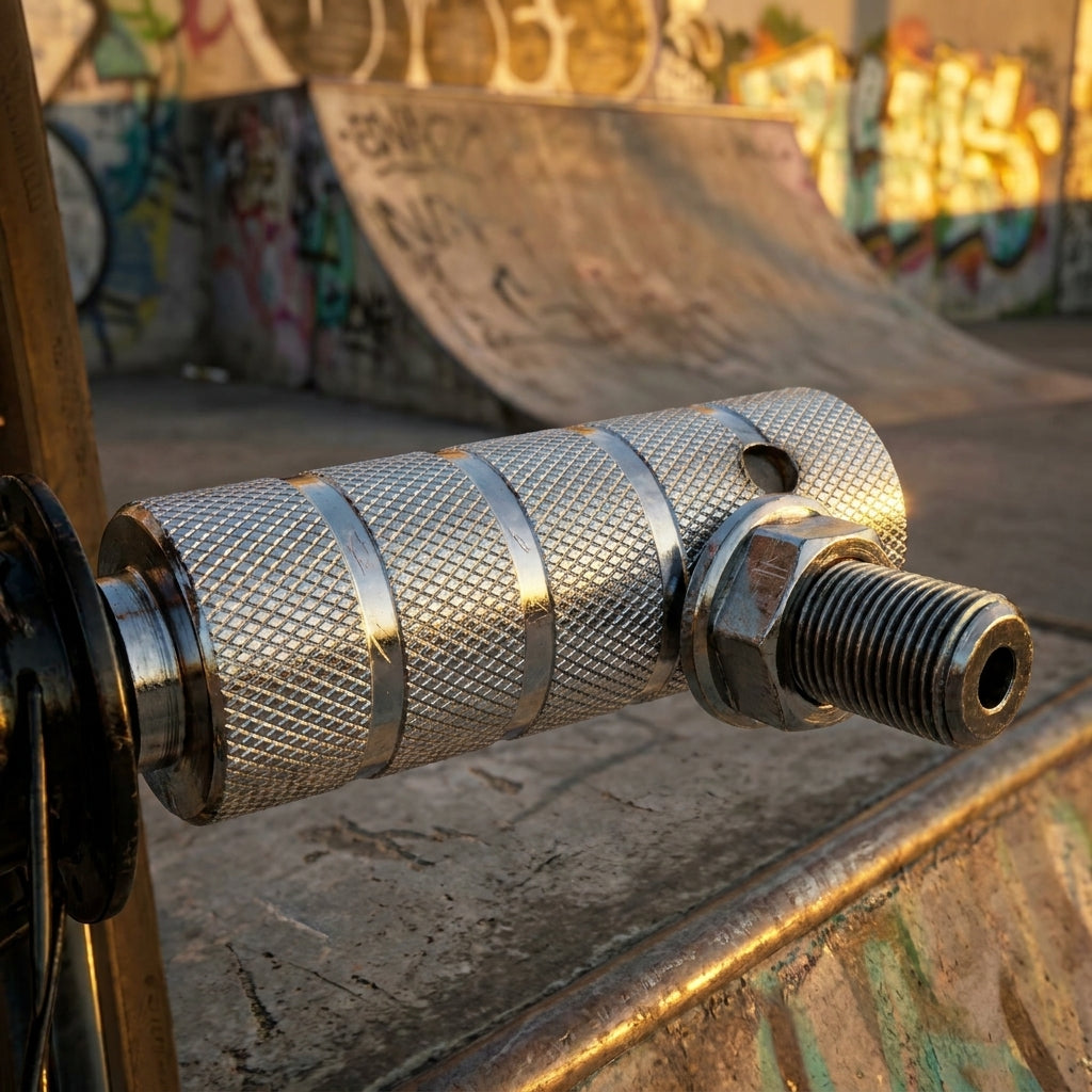 Messingschlager Achsaufsatz BMX 14mm Stahl chrom, Nahaufnahme mit Rändelung im Skatepark.
