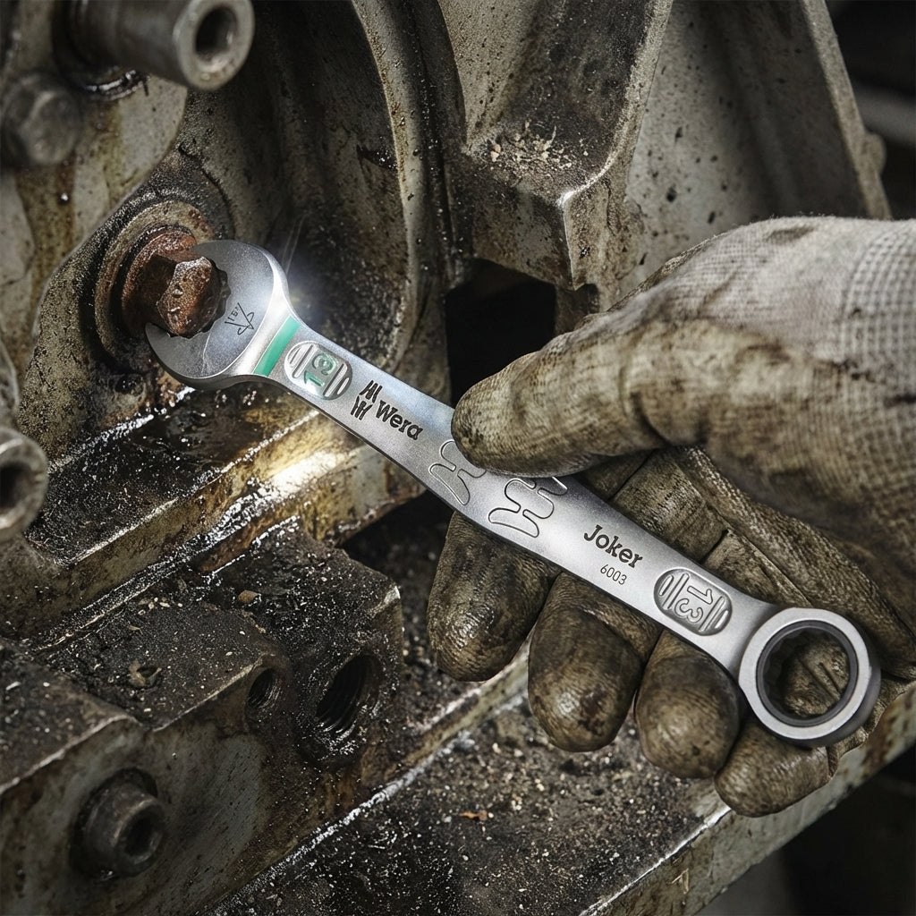 Wera 6003 Joker Ringmaulschlüssel 13mm wird von Hand mit Handschuh an rostiger Schraube in Industrieumgebung verwendet.