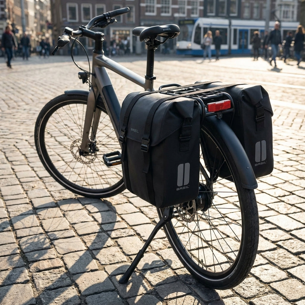Basil UNIVERSAL BRIDGE SYSTEM STRAPS für schwarze Doppeltaschen am Fahrrad.