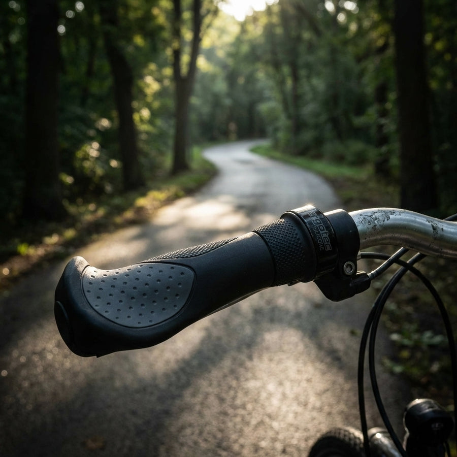 Ergotec Frisco 2 ergonomische Silikon Fahrradgriffe in Schwarz Grau für Drehgriffschaltung mit Schraubklemmung.