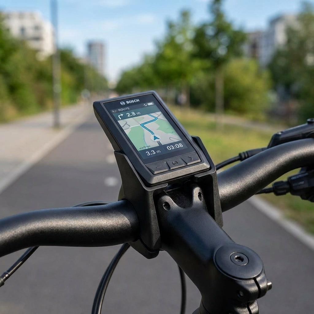 Bosch Kiox Displayhalter BUI330 am E-Bike Lenker, stabile Halterung zeigt Navigation.