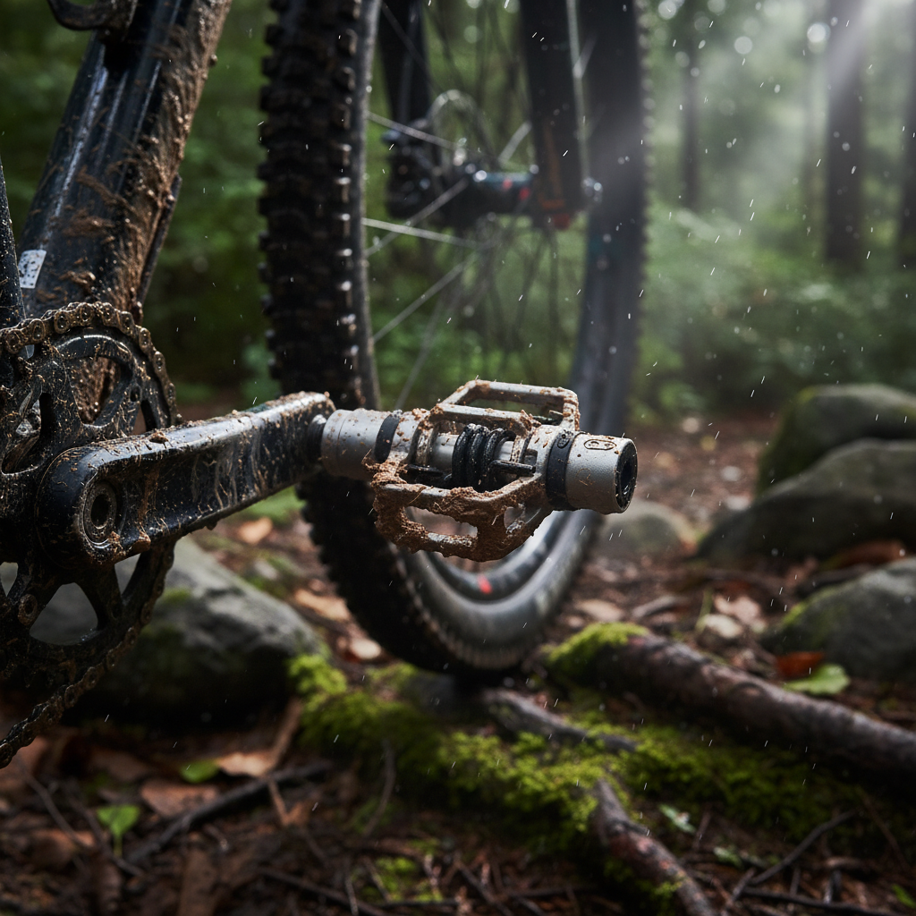 Crankbrothers Eggbeater 2 Klick-Pedal silber/schwarz an schlammigem Mountainbike auf Waldweg im Regen.