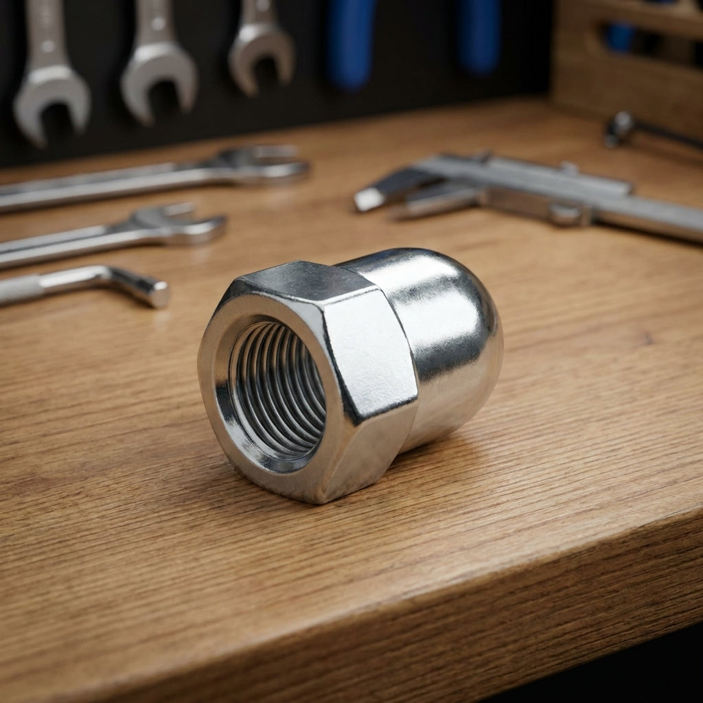 Verchromte Hutmutter HR 3/8 Zoll für Shimano 1-Gang-Getriebenaben auf Holz-Werkbank mit Werkzeug.