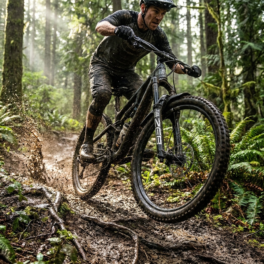 ROCKSHOX VR-Steckblech Fender schwarz kurz ZEB am MTB in Matsch-Action, schützt vor Spritzern auf dem Trail.