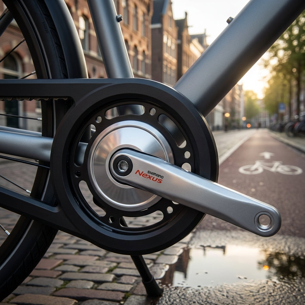 SHIMANO Kurbelgarnitur NEXUS FC-C6000 38 Zähne silber am Fahrrad auf urbaner Straße mit Radweg.