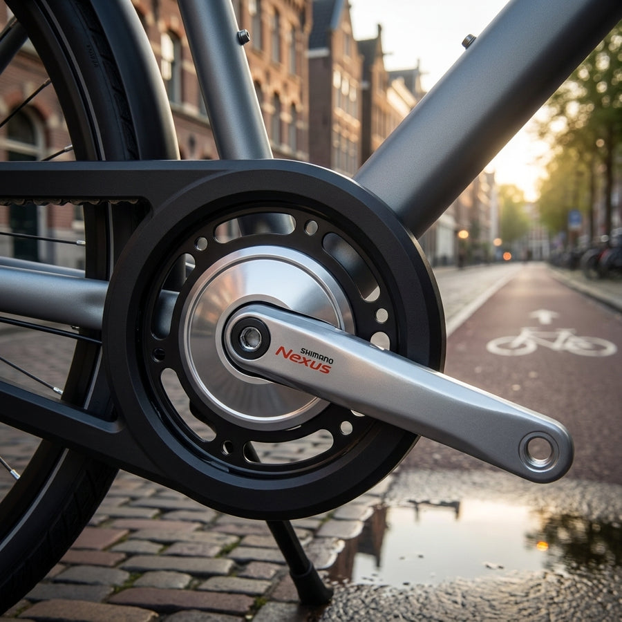 SHIMANO Kurbelgarnitur NEXUS FC-C6000 38 Zähne silber am Fahrrad auf urbaner Straße mit Radweg.