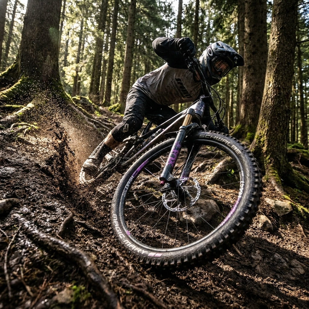 Aktiver Mountainbiker auf schlammigem Trail, Schwalbe Magic Mary Reifen 26x2.35" schwarz am Vorderrad deutlich sichtbar.