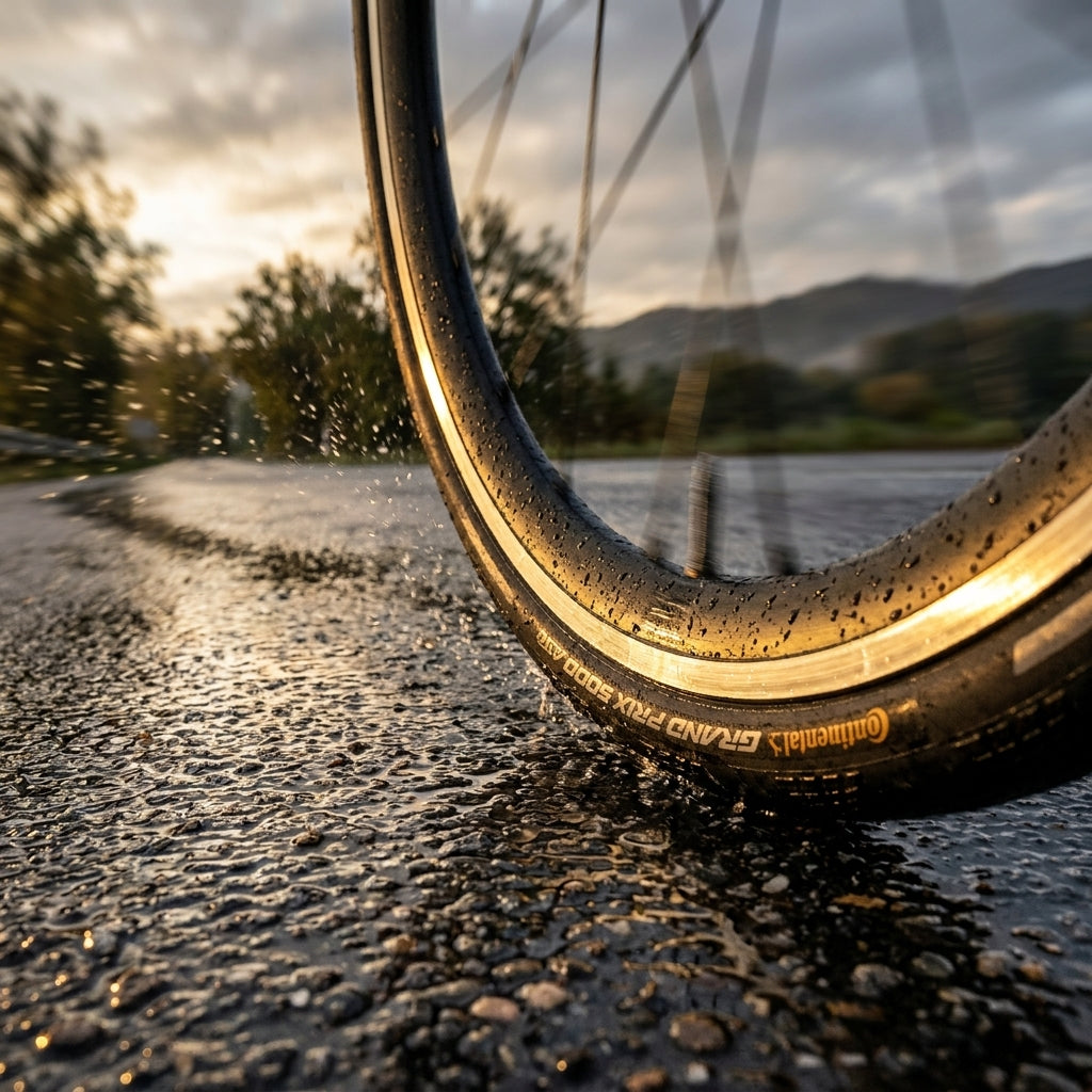 Continental Grand Prix 5000 Reifen schwarz Reflex spritzt Wasser auf nasser Straße bei Sonnenuntergang.