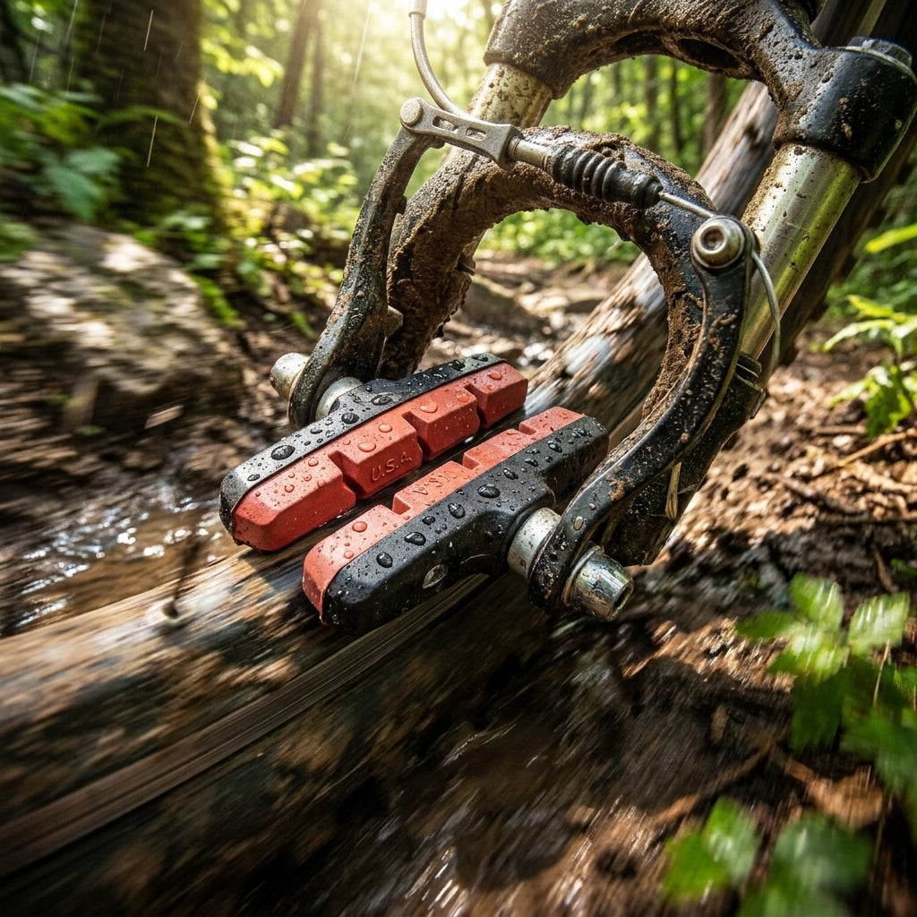 Kool Stop MTB Bremsbeläge schwarz lachs mit Wassertropfen an schlammiger V-Brake auf nassem Waldweg.
