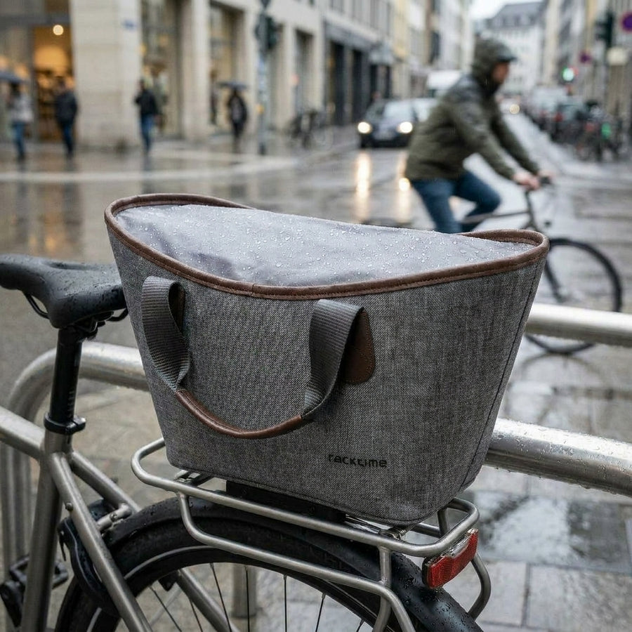 Racktime Agnetha Einkaufstasche grau: Praktische Fahrradtasche mit Regenschutz, Tragegriffen und Reißverschlusstasche für Einkauf & Pendeln.