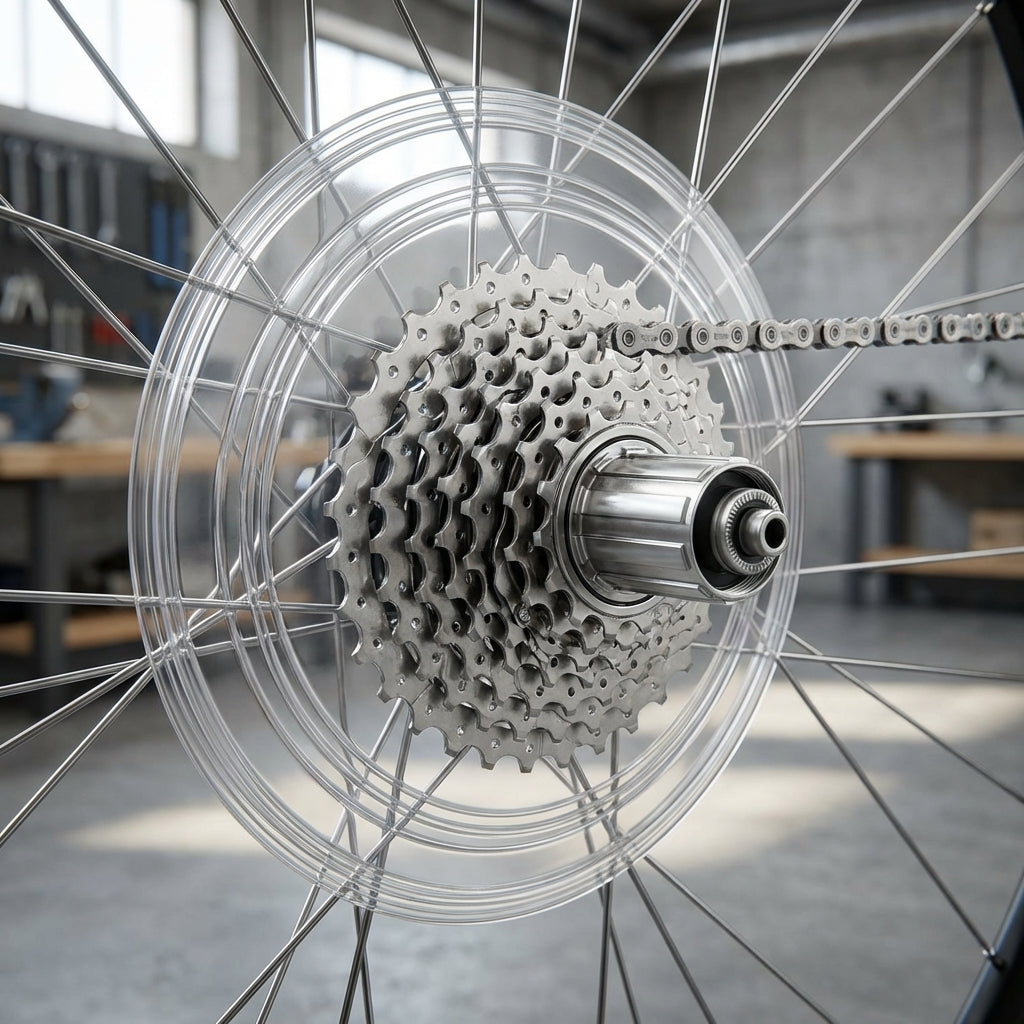 Transparente Shimano Speichenschutzscheibe CP-FH 53 an Fahrradkassette montiert zum Schutz vor Kettenabsprüngen.